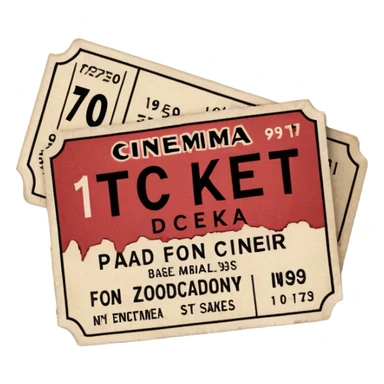 Minimalist emoji-style sticker of an old torn cinema ticket, with faded text “1 билет”, blood-stained edges and burn holes, grayscale paper

 sticker