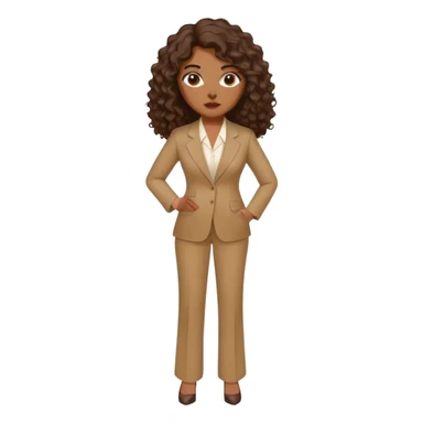 dark brown woman with medium brown long curly hair with middle part and an executive tan pant suit  sticker