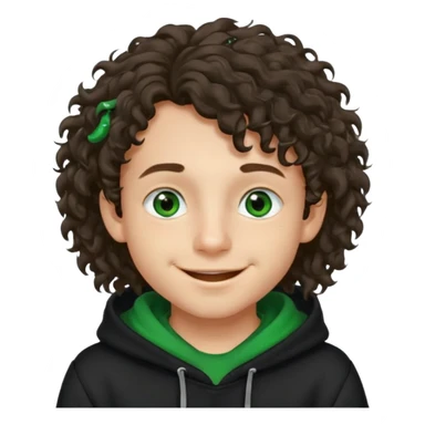 boy with long curly hair and a mole next to his mouth with green eyes black hoodie smiling sticker