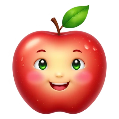 Cute Kawaii Apple, round and plump, bright shiny red with a tiny green leaf, chubby cheeks, sparkling eyes, a happy smile, soft glowing highlights, radiating fresh sweetness! sticker