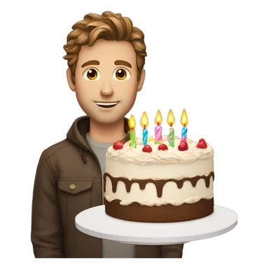 White man brown hair with birthday cake sticker