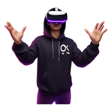 Russian man wearing a black hoodie with "OMG" letters on it and VR headset oculus quest 2 in a cyberpunk VR environment with violet neon lighting. Showing direction with hand sticker
