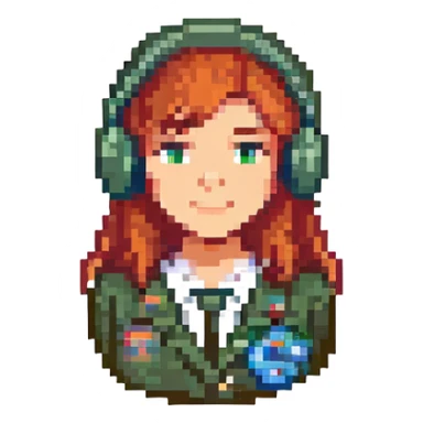 Crop the image to show only the female recruiter's head and shoulders, including the YC logo badge on her jacket, with a headset. Render in cute 8-bit pixel art style with no background. sticker