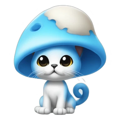 Blue smurf cat with black eyes wearing a large white mushroom as hat, no body sticker