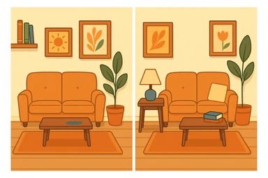 Create a second version of the cozy room image with three subtle differences for a 'find the three differences' quiz. Make subtle changes such as changing the color of a lamp, removing a book, or altering a plant. Keep the style, lighting, and layout consistent with the original image. sticker