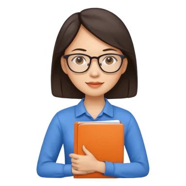 An asian brunette woman teacher with papers and laptop wearing glasses in blue and orange shirt sticker