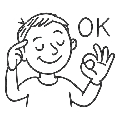 expressive face, hand gesture to temple and away, with text 'ОК' sticker