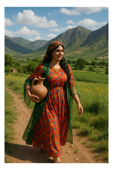 کوردی woman in colorful Kurdish clothes, holding a clay water jug, walking in a rural setting, mountains in background sticker
