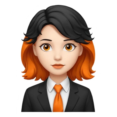 lady in white shirt, orange tie, black wavy hair sticker
