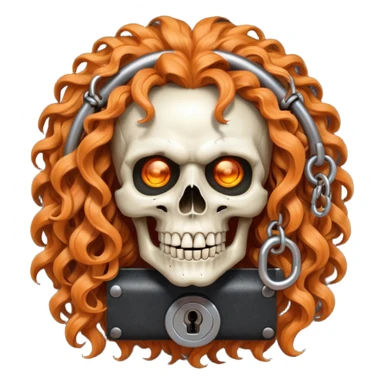 cinematic realistic steampunk Megadeth iconic skull mascot with a padlock in his teeth, orange curly huge hair sticker