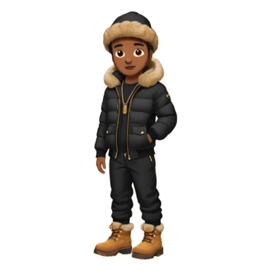 Handsome Black guy with brown skin tone, wear black joggers, a black bubble coat with a fur brim on the hood, and buckwheat timberland boots sticker