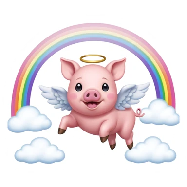 playful pig with tiny angel wings, leaping over a rainbow bridge sticker
