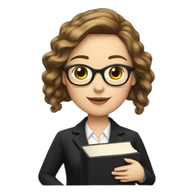 a white girl in a black suit and glasses holding a book. sticker
