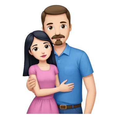 Tall white man with brown mustache goatee wearing blue hugging a short pale woman with long black hair wearing pink sticker