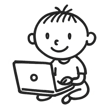 minimalist child programmer, simple shapes, sitting at laptop, light background sticker