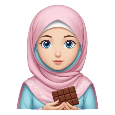 Turkish beautiful finish Konya girl blue eyes with pastel sakura hijab islamic dress and had on her hand Dubai chocolate  sticker