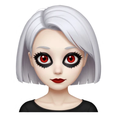 Afemale, unnatural eye color with veiny eyes, sickly skin texture combined with an unnatural creepy smile, liminal setting that feels wrong, uncanny eerie art style, scary femme fatale, bob cut, mole under eye, white hair, red iris, black mascara, black eyeshadow, Gothic white skin, sticker