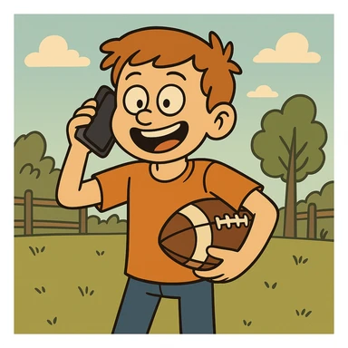 A cheerful cartoon style image of a teenage boy calling a friend to play football in an outdoor scene. sticker
