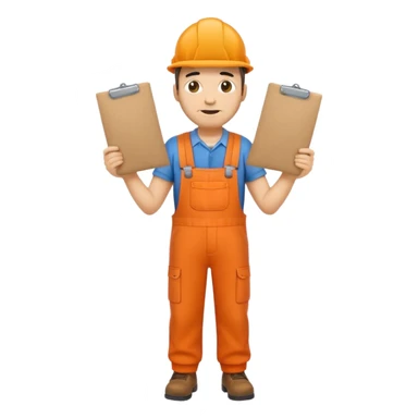 emoji style railway engineer full body in orange overalls, carrying one piece of paper with both hands in front of him sticker