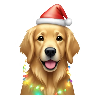 Golden retriever wrapped in multicolor Christmas lights and a Santa hat  sticker