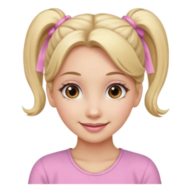 a cute woman is smiling, her hair is long, blonde and two ponytails, her eyes color are brown and the color of her lip is soft pink sticker