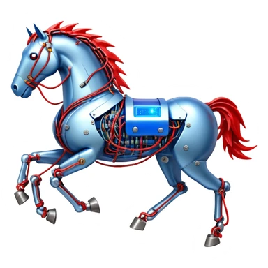 Fast running electric horse made of electricity, metal plates, bolts, blue and red wires, with lightning emanating from its body sticker