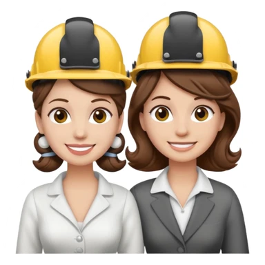 bride and groom couple, both with brown hair, bride has curlers in her hair, both wearing construction helmets and flats, both smiling, emoji style sticker