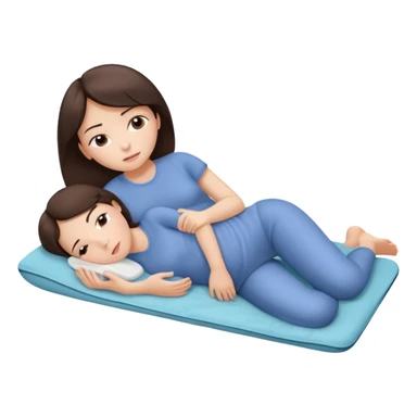 a brunette girl lying down on her side, holding a warm heating pad against her lower belly. She's uncomfortable and sad, her posture should show she’s having menstrual cramps. Use simple lines, rounded shapes, soft colors, and a clean emoji aesthetic. Make it expressive but still adorable sticker