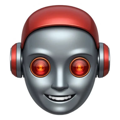 Cyberpunk robot head, redish tint over gray,  happy sticker
