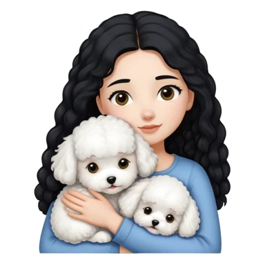 A girl with long straight black hair hugs a white curly-haired Bichon Frise puppy sticker
