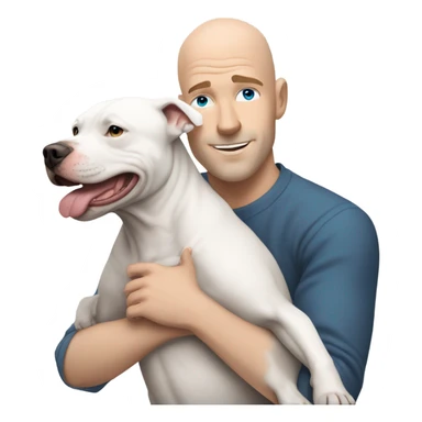 bald white man with blue eyes hugging grey pit bull sticker