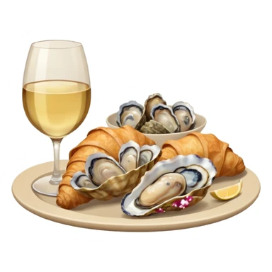 French cuisine humanless avatar in clean emoji-style illustration. Croissant, oysters and wine glass, soft beige tones, simple shapes, flat design, refined and cozy. sticker