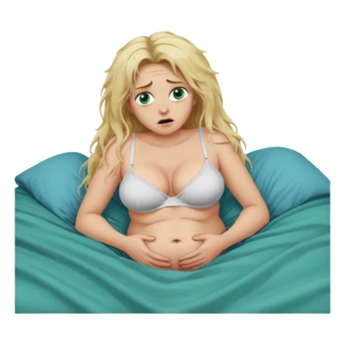 Blonde baddie with very long messi hair blue-green eyes  and lay in a big bed in underwear sie hat Todesangst und guckt schmerzhaft erschrocken Bauch aufgebläht und das Bettlacken ist blutig ihre Brüste unnatürlich riesengroß.ein großer Mann war das, der sie festhält unter der decke sticker