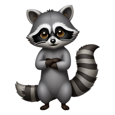 Cinematic-Raccoon-Realistic-Full-Body-Standing-Emoji – Tail flicking lazily, head tilted dramatically, thick grey fur with a signature black mask, sharp and alert ears, simplified yet realistic focused features, highly detailed, glowing with an almost sarcastic glow. sticker