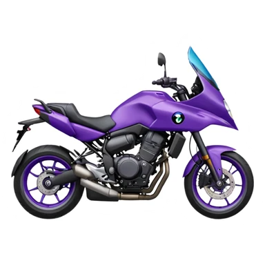 Créer un emoji copiable sur mon système iOS avec une moto mt07 noir mate / violet plus foncé que tu as et iridescent. le style de la mt07 doit être en sport. Avec pilote dessus visière violet bulle de la moto violet aussi. sticker