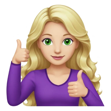 lady with long wavy blonde hair, purple top, green eyes, thumbs up sticker