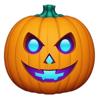 futuristic glowing jack-o-lantern emoji face, only purple and cyan carved glow, dark background sticker