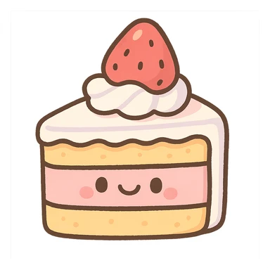 cute strawberry cake with whipped cream, smiling face, kawaii, soft light, hand-drawn look, pastel toon style sticker