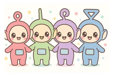 Teletubbies in kawaii style, oversized heads, sparkling eyes, cute expressions, each in their unique color sticker