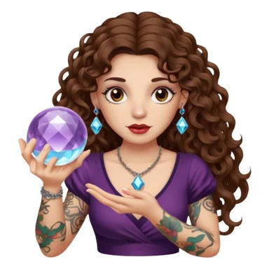 woman with long curly brown hair, brown eyes, white skin, tattoos, holding a crystal ball showing nonsense sticker
