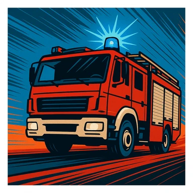 stylized fire truck with blue flashing light, modern illustration, motion lines, emergency atmosphere sticker