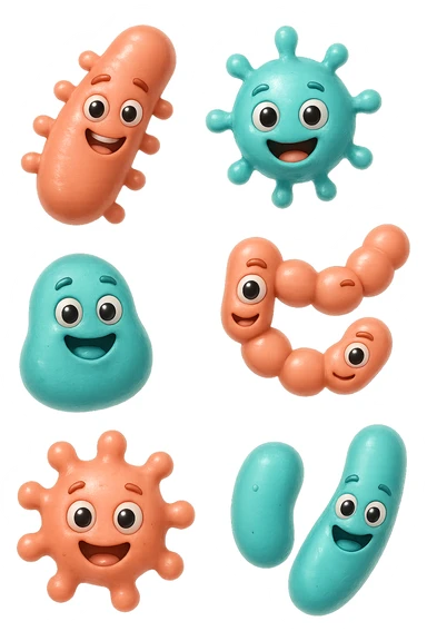 EMOJI STILE IPHONE DI 6 SPECIE DI BATTERI INTESTINALI ROSA SALMONE E TURCHESI DIVERSI TRA LORO PER FORMA, FLUTTUANO IN ARIA, IPERREALISTICO 4K sticker