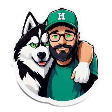 A bold man with a grey baseball cap, green eyes, big beard and glasses hugging a husky sticker