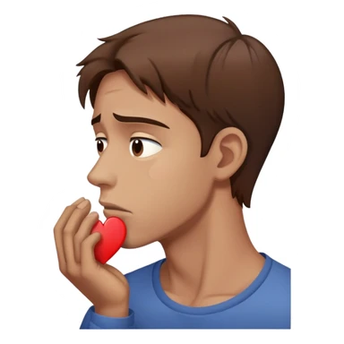 a man with brown hair staying in a
full height in profile with anxiety and begging face with a broken heart sticker