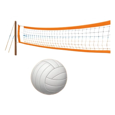 The scene captures a sunny beach atmosphere with clear blue sea and sky, palm trees swaying, and people in swimsuits enjoying the vibrant surroundings. A volleyball resting on the orange sand ground of a beach, with a volleyball net in the background.  sticker