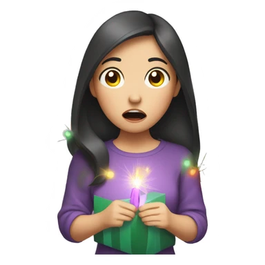 Asian girl shocked while holding Christmas lights sticker