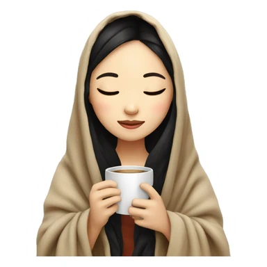 Asian girl inside a blanket sipping coffee eyes closed black hair sticker