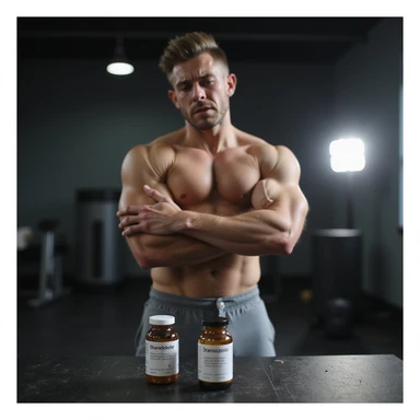 photo realistic crossfit athlete standing with painful expression, holding elbow, visible muscles, vials labeled 'Stanozololo' beside, bright light, modern gym background sticker