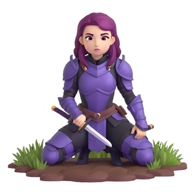 mysterious warrior girl with flowing purple hair, dressed in black armor, kneeling with sword planted in the ground sticker