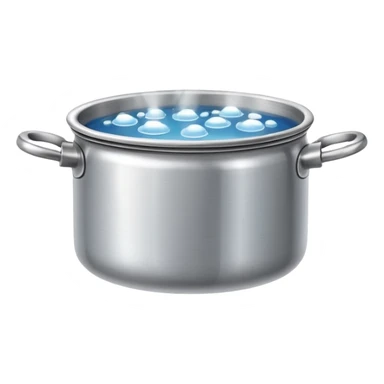 small metal pot filled with boiling water on a stove, visible hot steam and rising bubbles, realistic heat effect, shiny pot surface, bright lighting, clean white background sticker